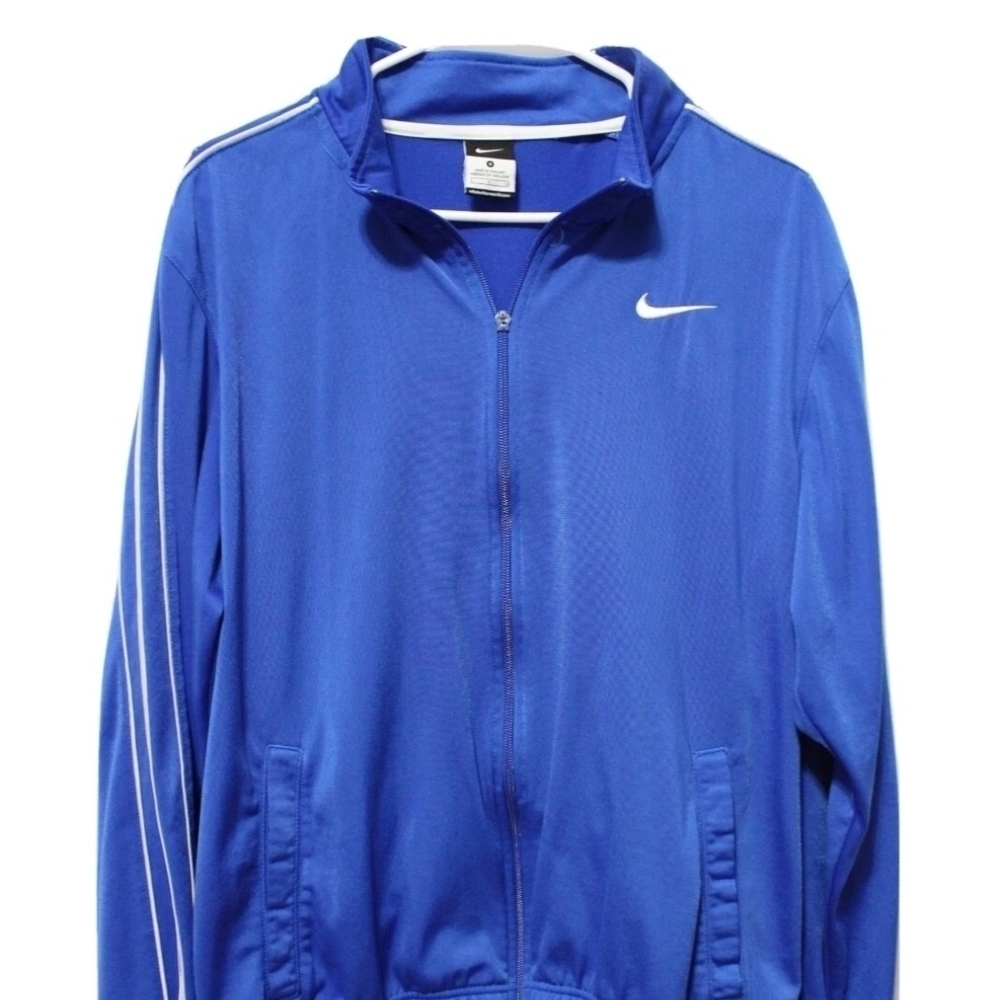 Nike Men's full zip athletic jacket royal blue with white stripes y2k small
